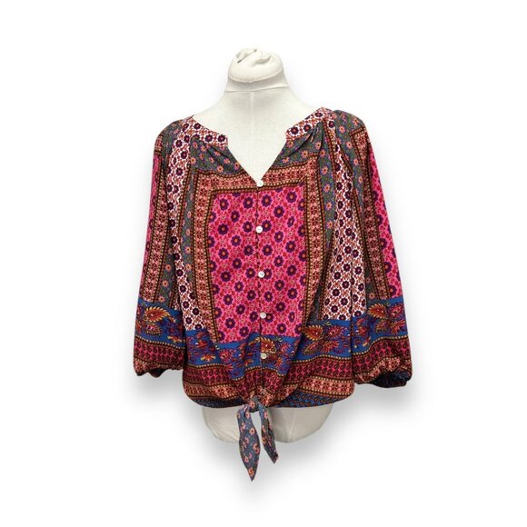 Figueroa & Flower Womens Floral Boho Blouse Size L Polyester Pink/Blue - Picture 1 of 8